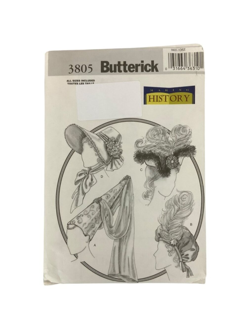 Butterick 3805 Making History Misses Period Hat Sewing Pattern S-M-L Uncut